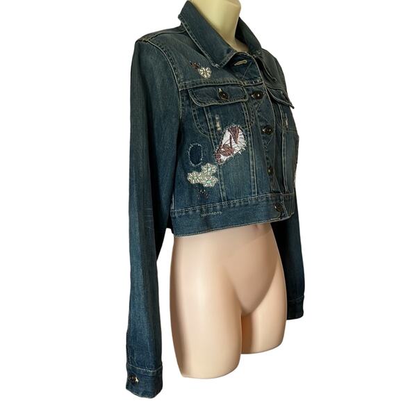 Old Navy Blue Denim Cropped Embellished Jean Jacket Size Medium Distressed Y2K - Picture 2 of 10